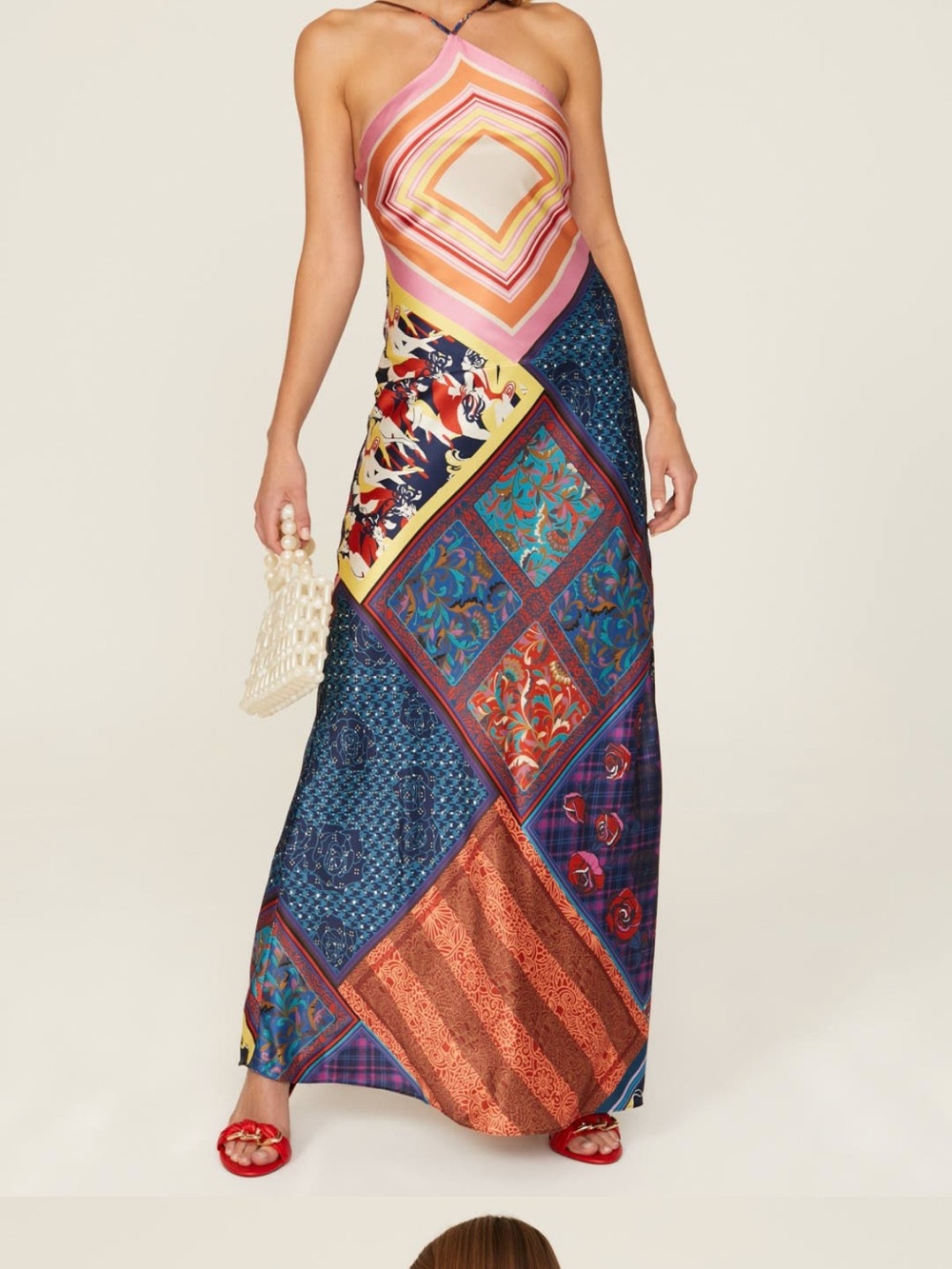 STAUD cubism Multicolor Patchwork Halter Dress — Pink, Blue, Yellow